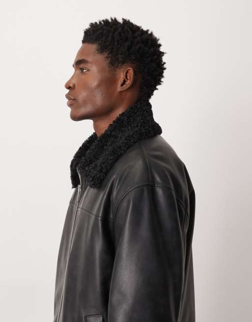 ASOS DESIGN faux leather Harrington jacket with borg collar in black