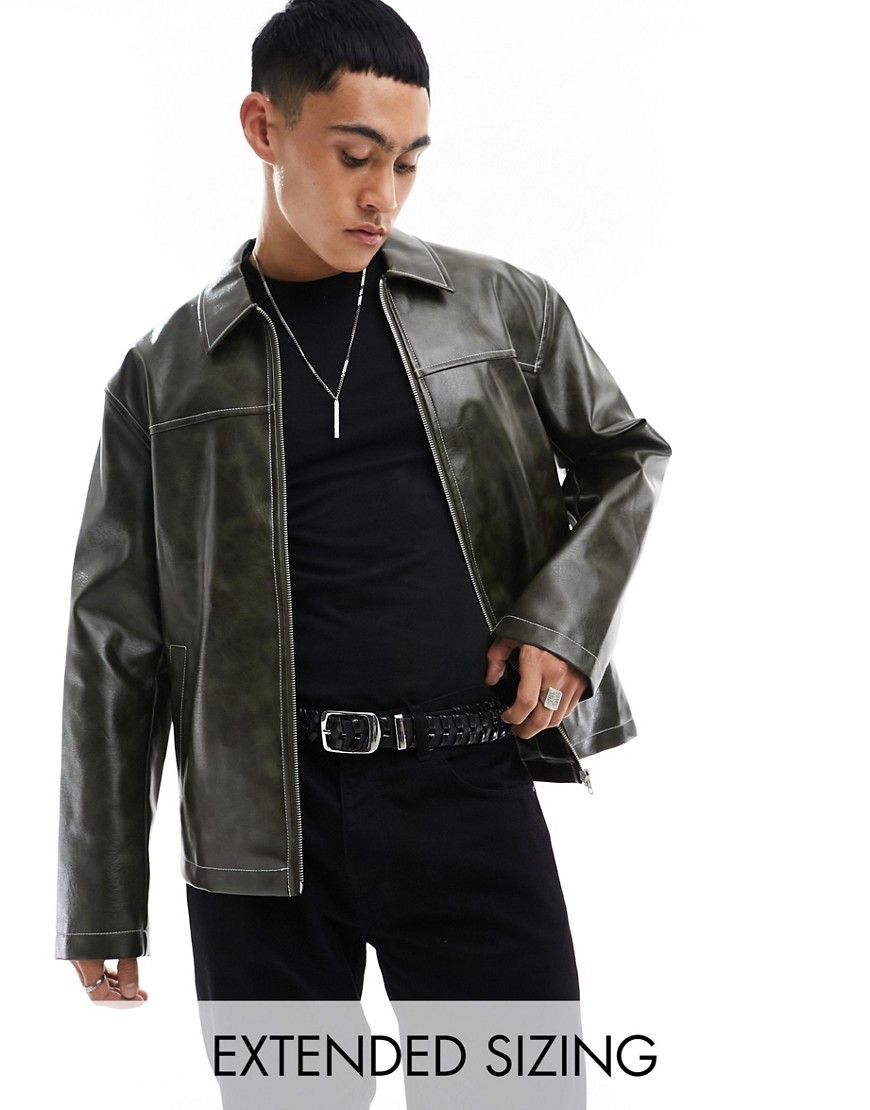 ASOS DESIGN faux leather harrington jacket with contrast stitch in washed green