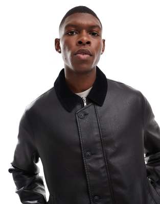 faux leather harrington jacket with cord collar in black