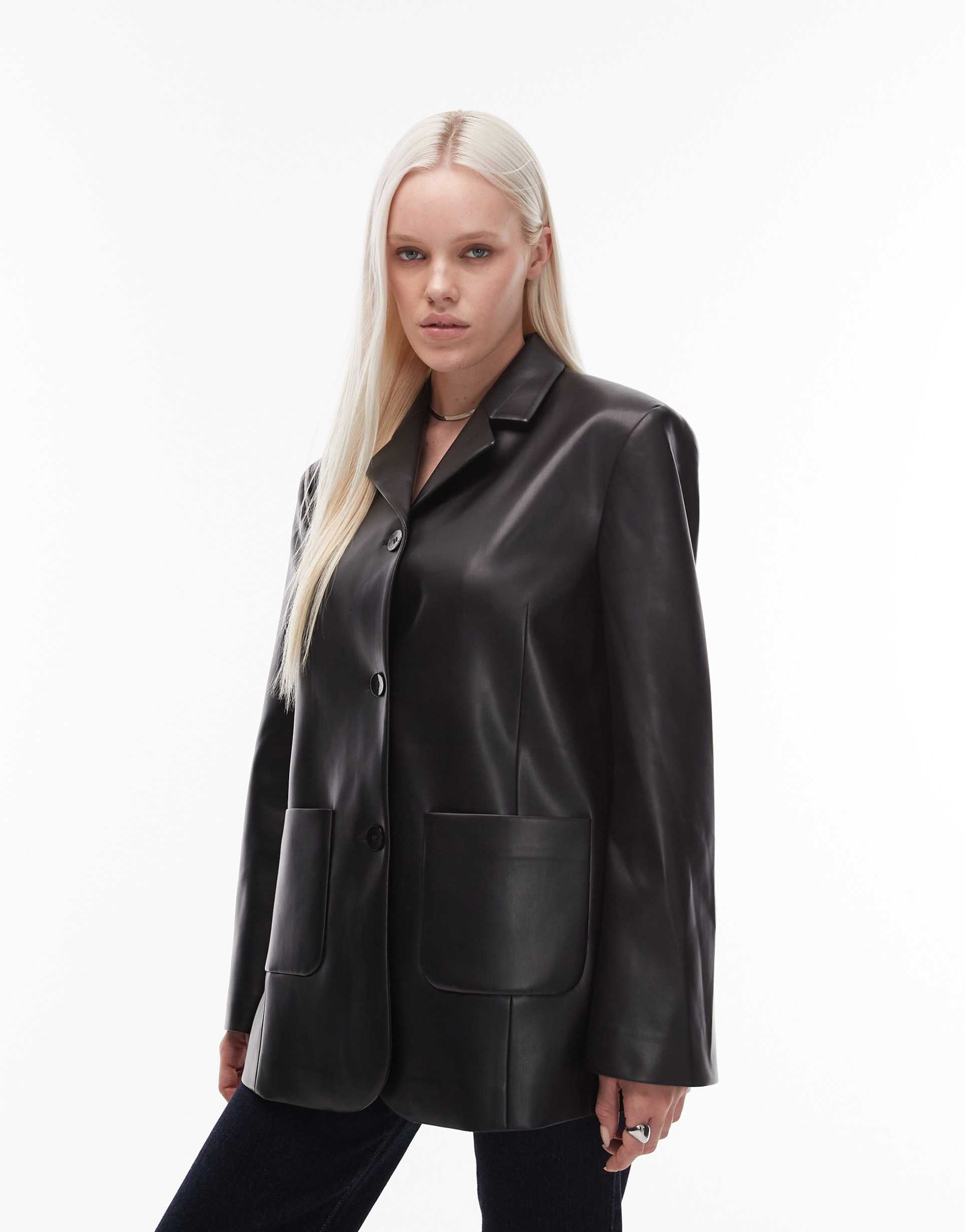 asos design faux leather high break point oversized jacket in black