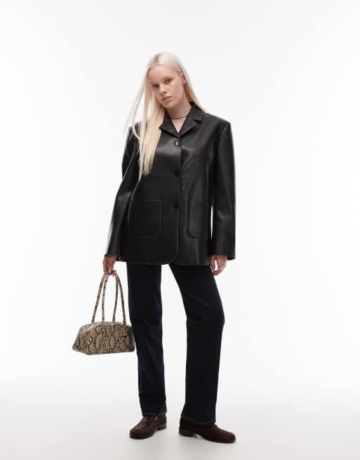 ASOS DESIGN faux leather high break point oversized jacket in black, 3 of 4