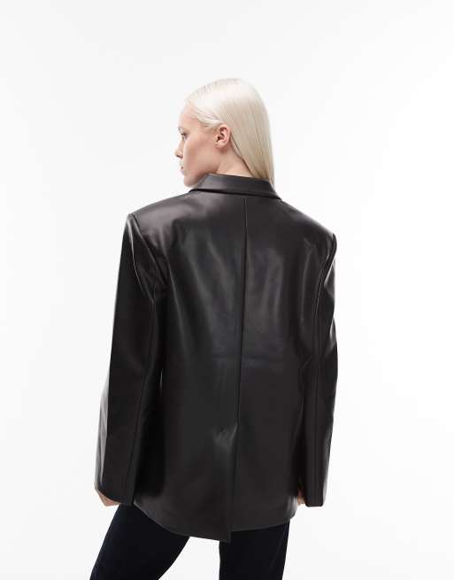 ASOS DESIGN faux leather high break point oversized jacket in black, 4 of 4