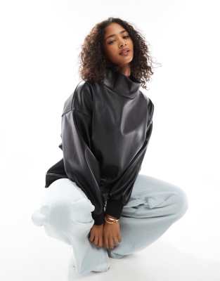 Asos Design Faux Leather High Neck Sweatshirt In Black Pu