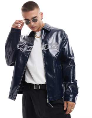 ASOS DESIGN ASOS DESIGN faux leather high shine harrington jacket with embroidery in navy