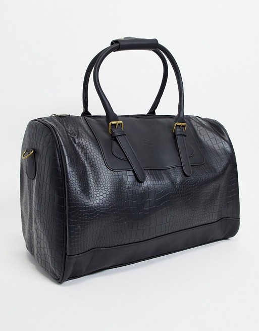 ASOS Unrvlld Spply holdall bag in black faux leather croc with branded emboss
