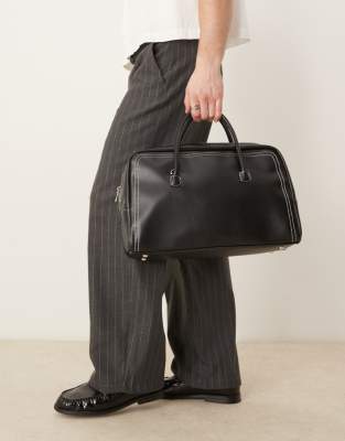 faux leather holdall with contrast stitch in black