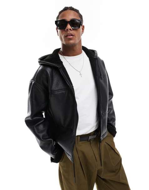 ASOS DESIGN faux leather hooded aviator jacket with borg lining in black - view 1