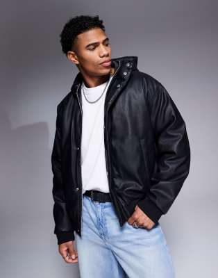 faux leather hooded bomber jacket in black