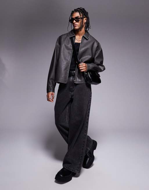 ASOS DESIGN faux leather jacket in black wash