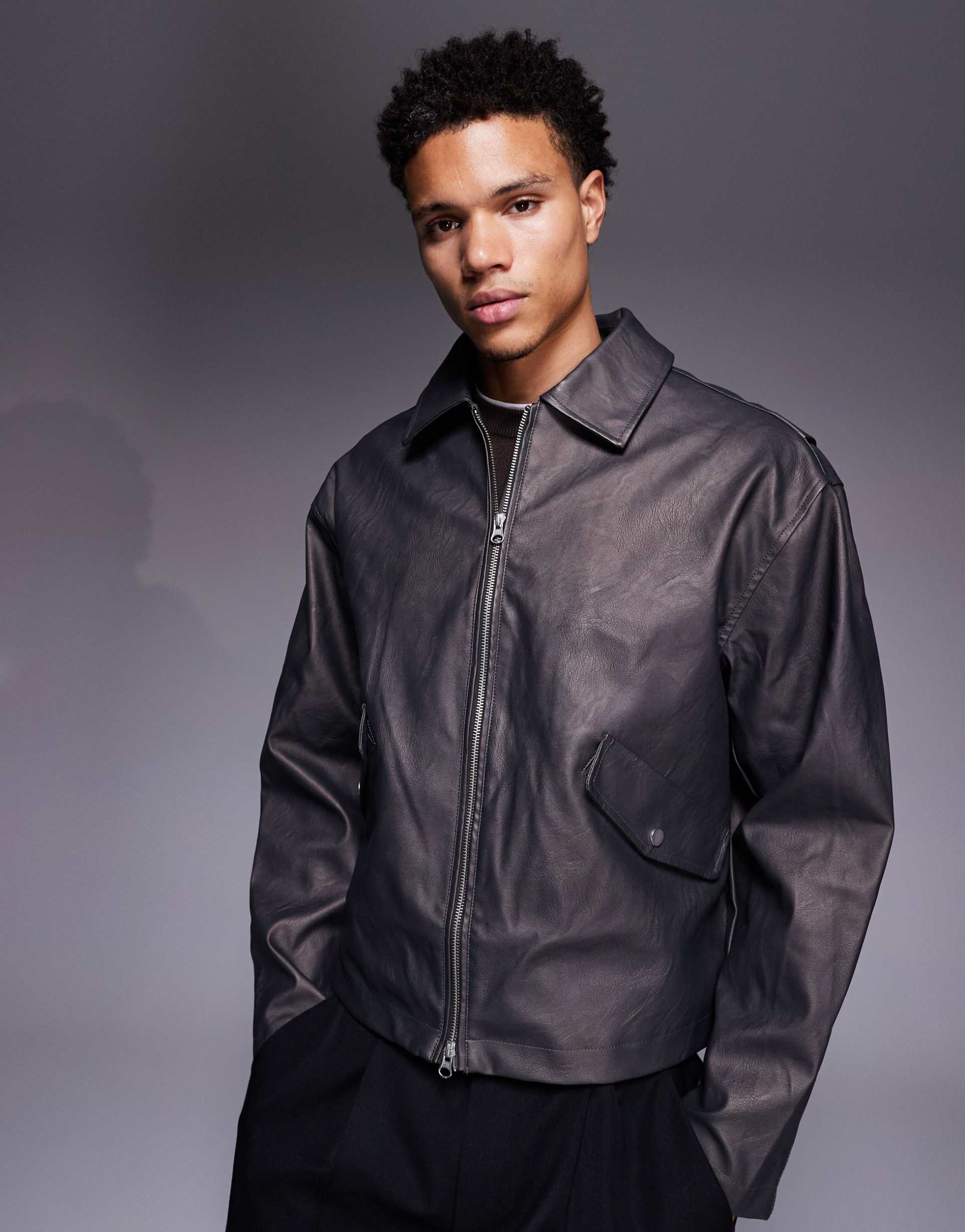 ASOS DESIGN faux leather jacket in brown