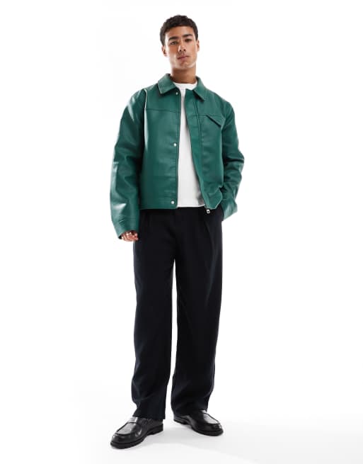 ASOS DESIGN faux leather jacket in dark green