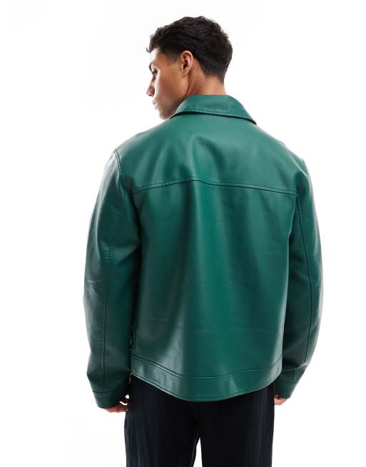 ASOS DESIGN faux leather jacket in dark green