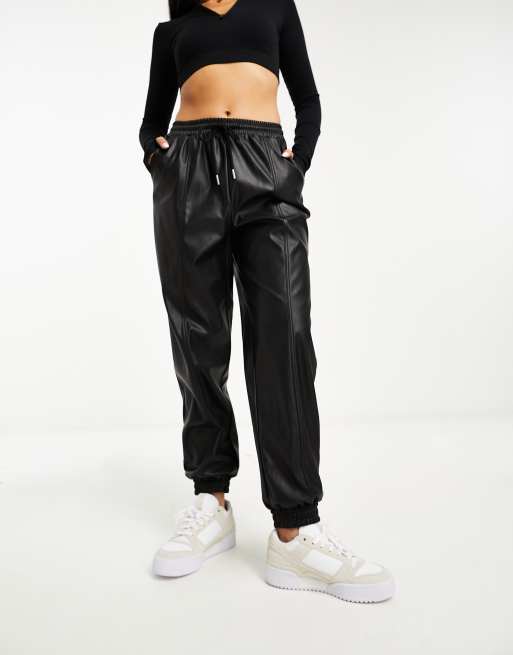 Black faux leather jogger pants new arrivals