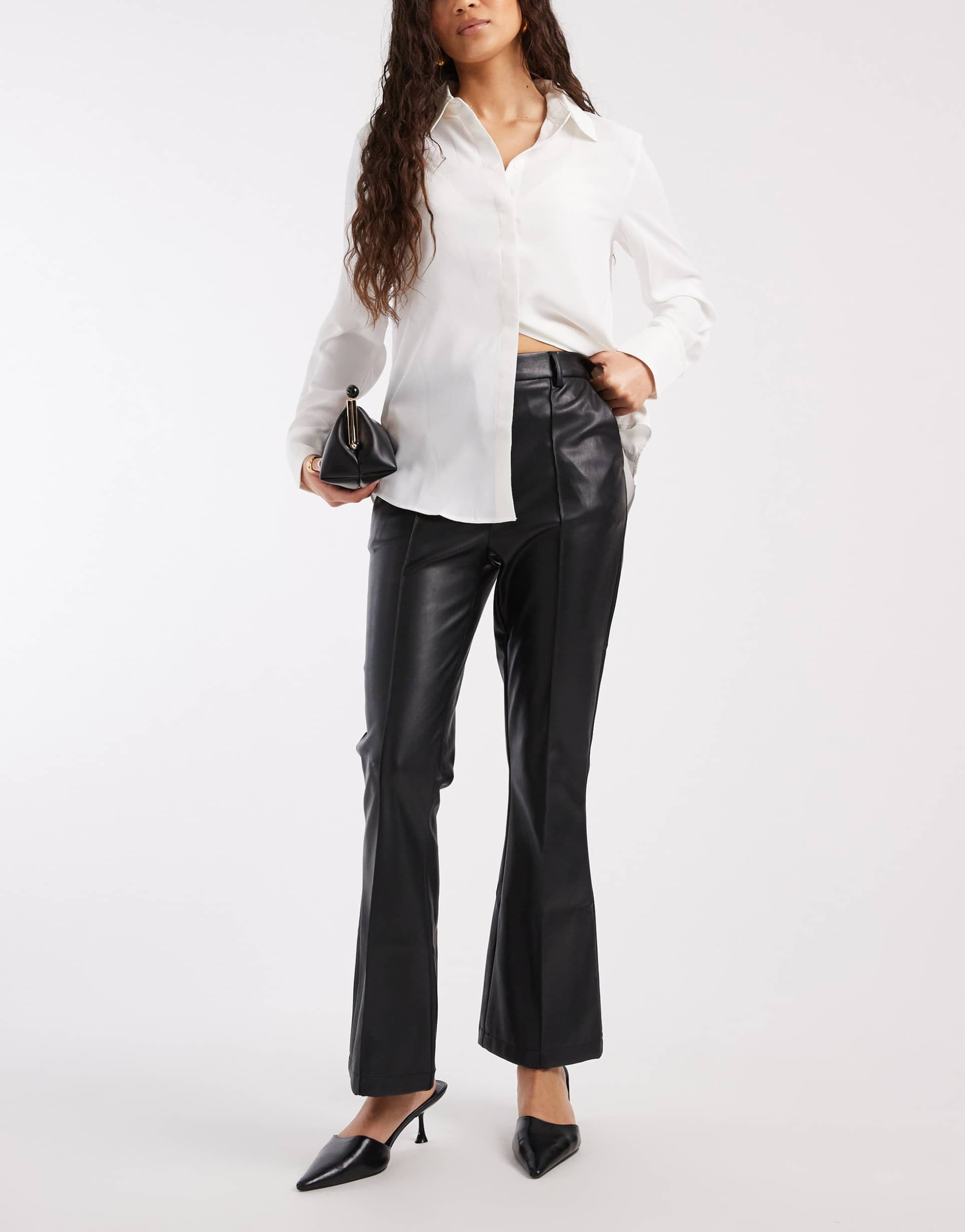 asos design faux leather kick flare pants in black