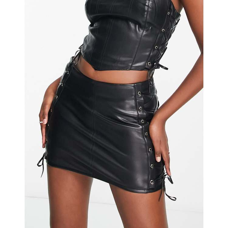 Straight faux leather skirt lace detail black ladies