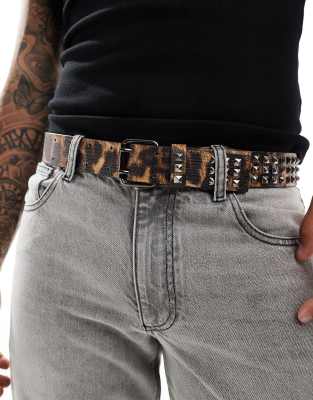 faux leather leopard print belt with studs-Brown