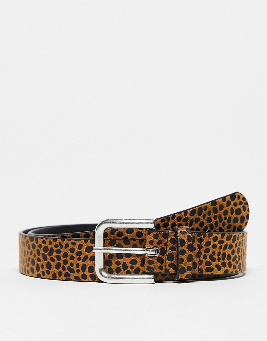 ASOS DESIGN faux leather leopard print slim belt-Brown