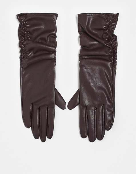 ASOS DESIGN faux leather long gloves with ruched detail in burgundy - view 1