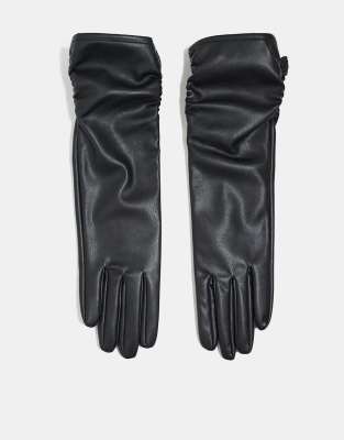 ASOS DESIGN ASOS DESIGN faux leather long gloves with ruched detail-Black