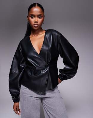 Asos Design Faux Leather Long Sleeve Wrap Top In Black
