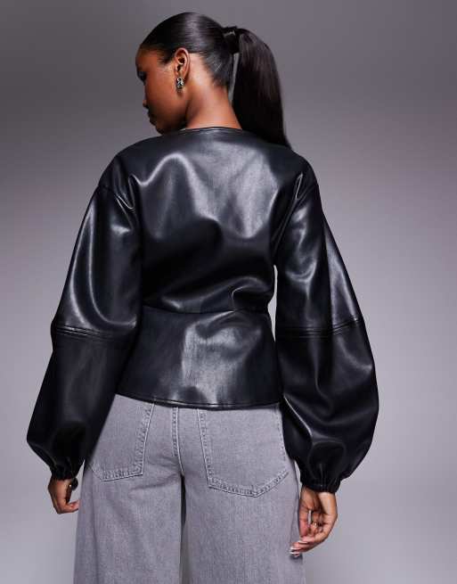 ASOS DESIGN faux leather long sleeve wrap top in black