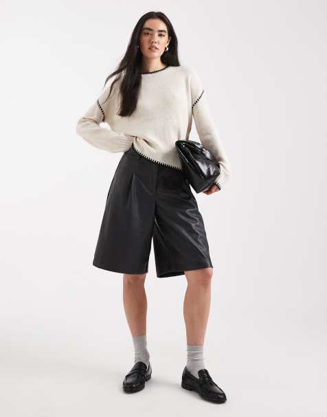 ASOS DESIGN faux leather longline shorts in navy - view 1