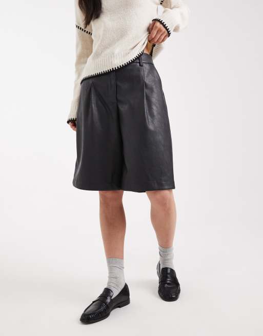 ASOS DESIGN faux leather longline shorts in navy