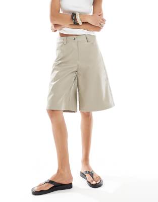 Asos Design Faux Leather Longline Shorts In Gray