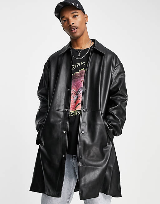 ASOS DESIGN faux leather longline trench coat in black