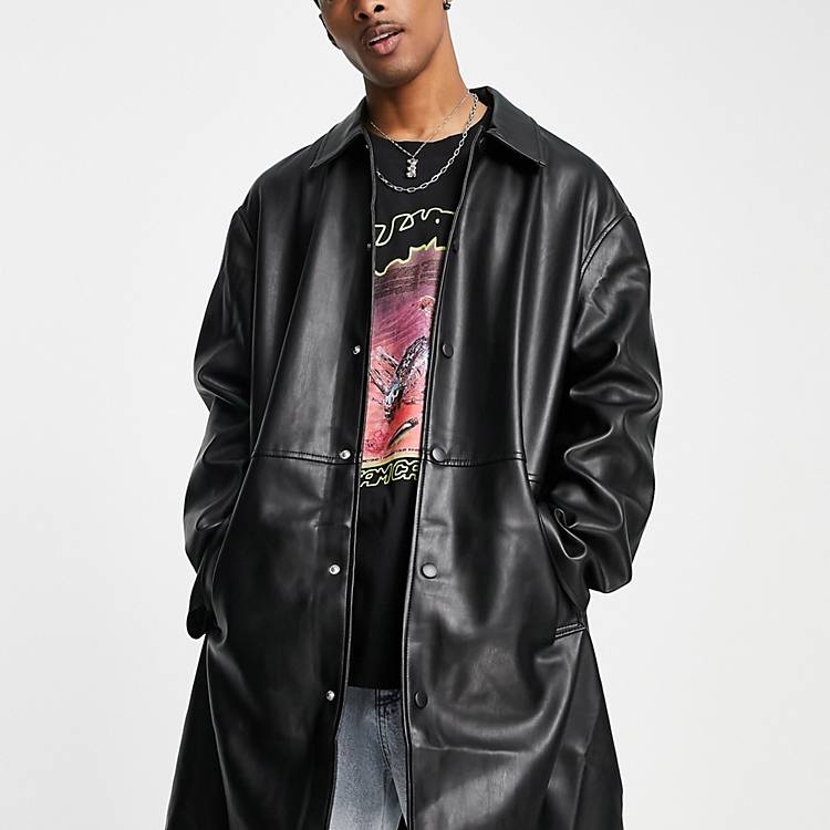 Asos Men Clothing Coats Trench Coats Faux leather longline trench coat in 