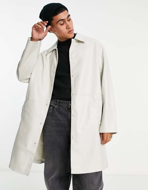 ASOS DESIGN faux leather longline trench coat in stone