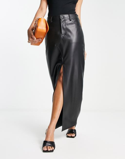 ASOS DESIGN leather look suspender skirt in black