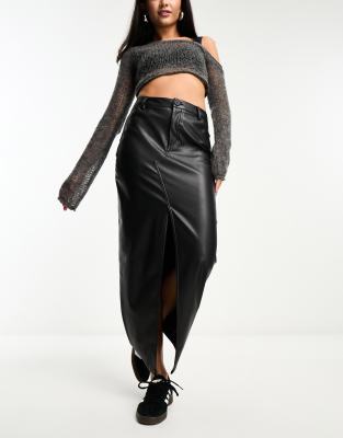 faux leather maxi skirt with front split in black