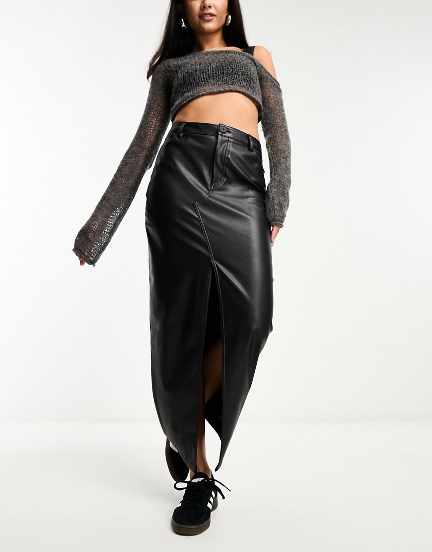 Asos Design Faux Leather Maxi Skirt With Front Split In Black