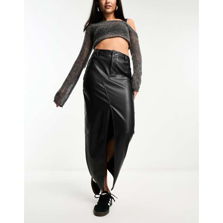 ASOS Design Faux Leather Maxi Skirt with Front Split in Black