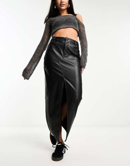 Topshop Petite Leather Look Tie Up High Split Midi Skirt In Black for Women