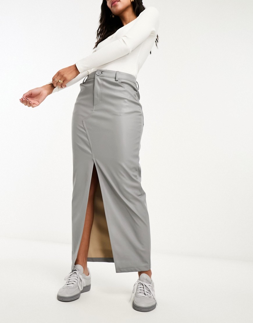 Asos Design Faux Leather Maxi Skirt With Front Split In Gray