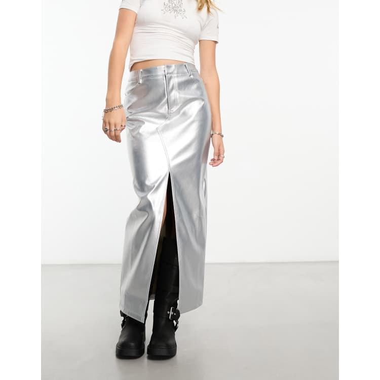 ASOS DESIGN faux leather maxi skirt with front split in black