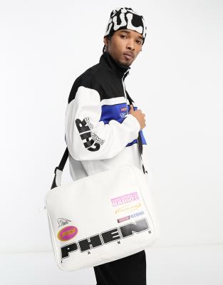 ASOS DESIGN FAUX LEATHER MESSENGER BAG WITH TEXT PRINT IN ECRU-WHITE 