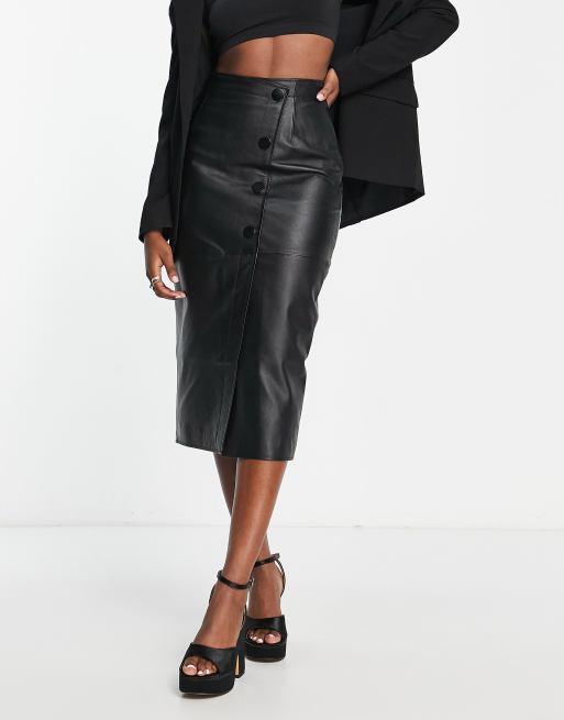 ASOS DESIGN faux leather midi skirt with button detail in black