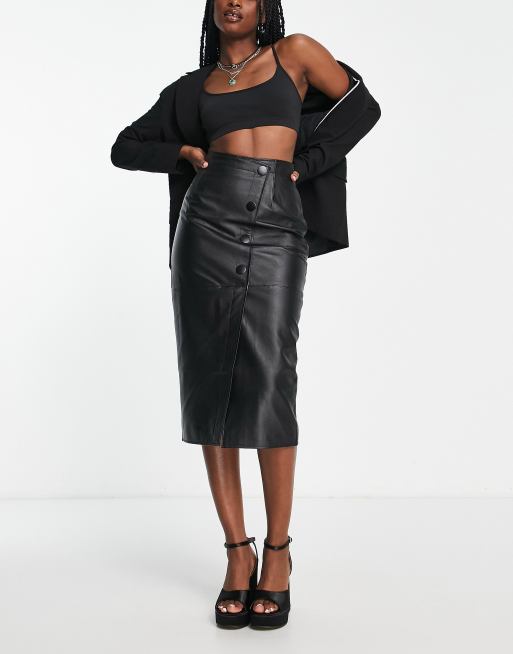 ASOS DESIGN faux leather midi skirt with button detail in black