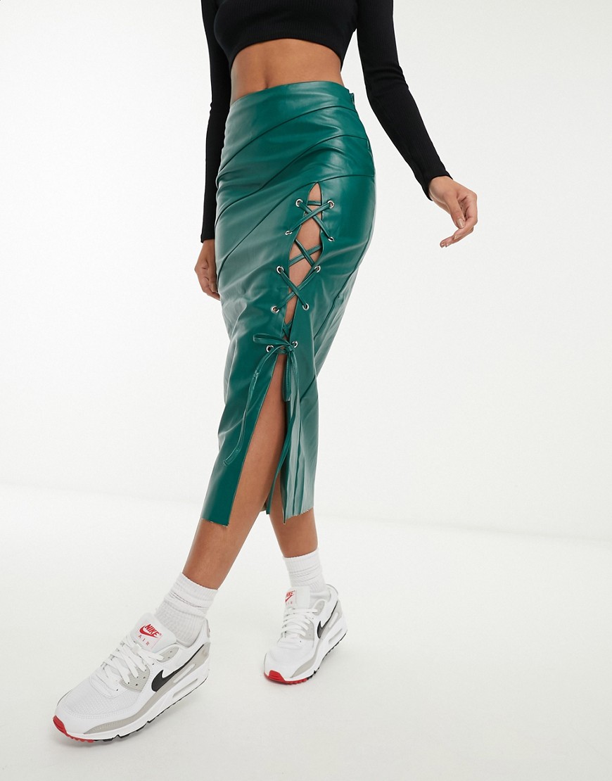 Asos Design Faux Leather Midi Skirt With Lattice Tie Detail In Bottle Green-no Color