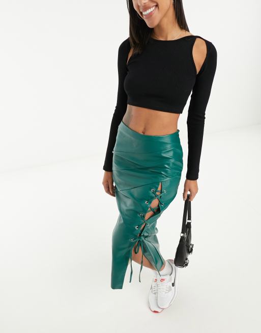 ASOS DESIGN faux leather midi skirt with lattice tie detail in bottle green