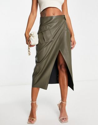 ASOS DESIGN faux leather midi skirt with pocket details in khaki