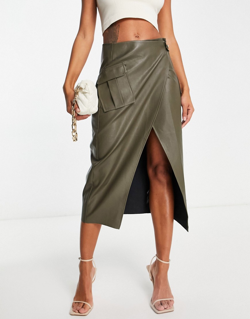 ASOS DESIGN faux leather midi skirt with pocket details in khaki-Green