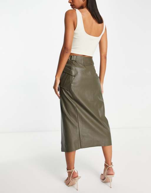 Khaki leather midi on sale skirt