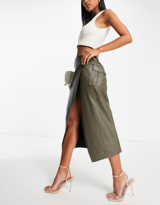 ASOS DESIGN faux leather midi skirt with pocket details in khaki