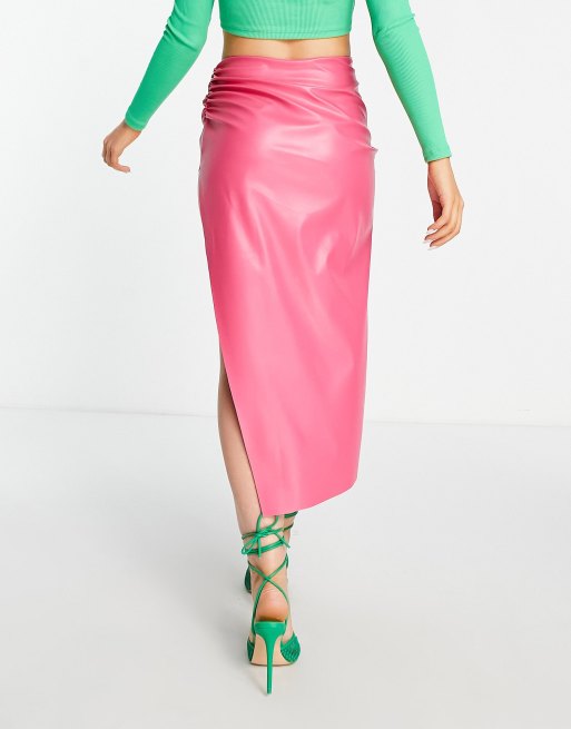 ASOS DESIGN faux leather midi skirt with side split in hot pink ASOS