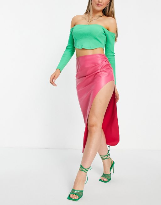 ASOS DESIGN faux leather midi skirt with side split in hot pink ASOS