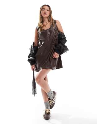 faux leather mini dress in brown